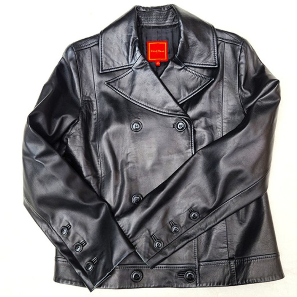 Cole Haan Black Lambskin Double-Breasted Motorcycle Jacket, Size M